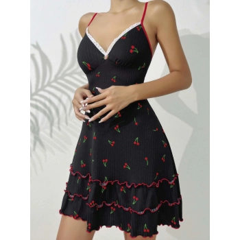 Kadın Siyah Kiraz Baskılı  Akılı Gecelik 5110