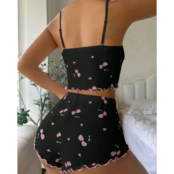Kadın Siyah Kiraz Desenli Seksi Gecelik Takım 9003