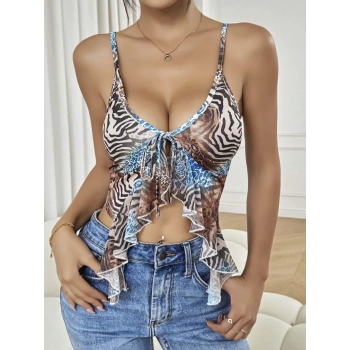 Kadın Siyah Leopar desenli Crop Askılı Önden Bağlama Fırfır detaylı 5091