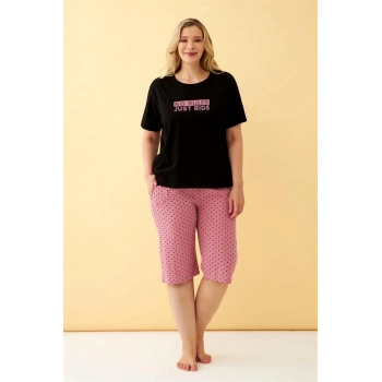 Kadın Siyah “No Rules Just Ride” Yazılı Büyük Beden Kapri Pijama Takımı