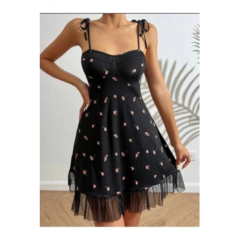 Kadın Siyah Pembe Gül Desenli Askılı Bağlamalı Dantel Detaylı Elbise 5072