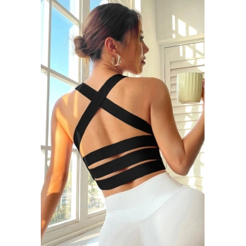 Kadın Siyah Sırtı Çapraz Lastik Detaylı Crop Top Bluz