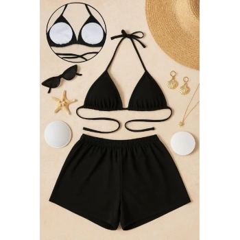 Kadın Siyah Şortlu Belden Ve Boyundan Bağlamalı Bikini Takımı