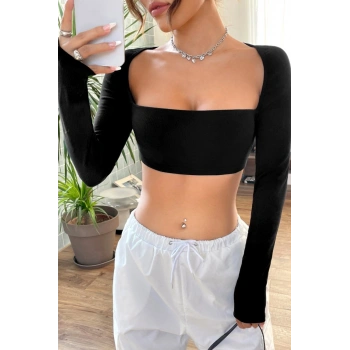 Kadın Siyah Uzun Kol Göğüs Ve Sırt Dekolteli Crop Top Bluz