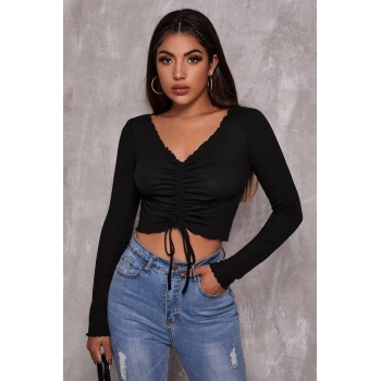 Kadın Siyah Uzun Kollu Büzdürme Bağcık Detaylı Crop Top Bluz
