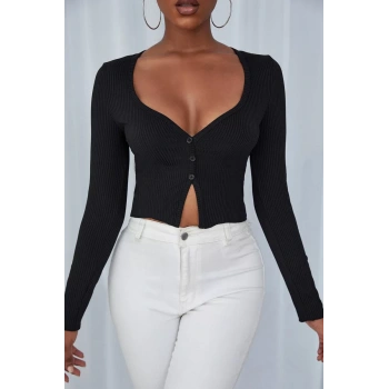 Kadın Siyah Uzun Kollu Düğmeli Göğüs Ve Göbek Dekolteli Crop Top Bluz