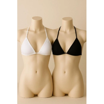 Kadın Siyah Ve Beyaz Minimal Kesim Üçgen Bikini Üstü