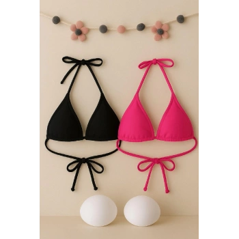 Kadın Siyah Ve Fuşya Minimal Kesim Üçgen Bikini Üstü