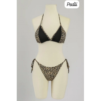Kadın Siyah Ve Leopar Detaylı Yandan Bağlamalı Bikini Takımı