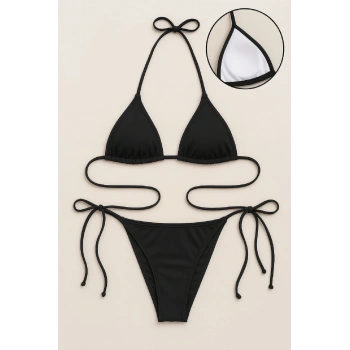 Kadın Siyah Yandan Ve Boyundan Bağlamalı Bikini Mayo Takımı