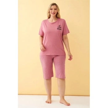 Kadın Somon “Live the Dream” Yazılı Büyük Beden Kapri Pijama Takımı