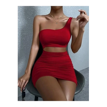 Kadın Tek Omuz Kesim Detaylı Büzgülü Fantezi Elbise 5078