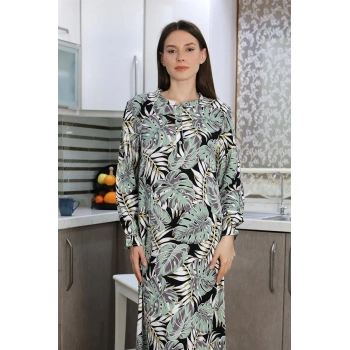 Kadın Uzun Kol Penye Gecelik Ev Elbisesi SuYeşili