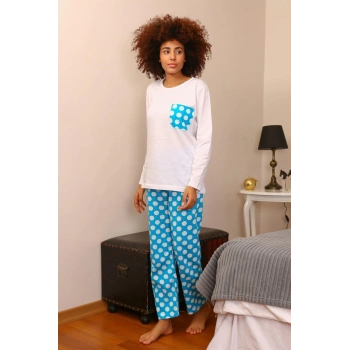 Kadın Uzun Kol Penye Pijama Takım Beyaz