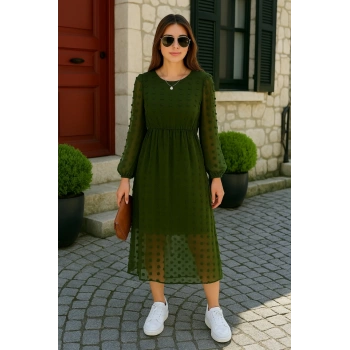 Kadın Uzun Kollu Astar Detay Fırsat ürün Ponpon şifon Elbise