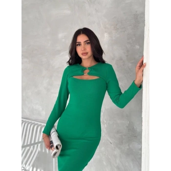 Kadın Uzun Kollu Halka Ve Pencere Dekolte Detay Fırsat ürün Midi Boy Elbise