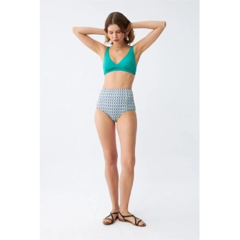 Kadın Yeşil Pedli Geometrik Desenli Yüksek Bel Bikini Takımı