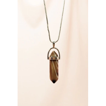 Kahverengi Akik Doğal Taşı Zincirli El Yapımı Tasarımlı Kolye Uç: 3,5 cm Zincir: 20 cm Kutulu