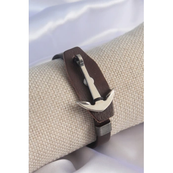 Kahverengi Deri Model Gümüş Renk Çapa Figür Erkek Bileklik - TJ-EB3573