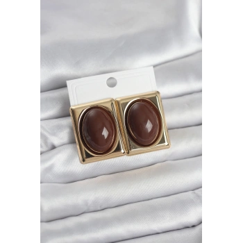 Kahverengi Kare Model Vintage Gold Renk Kadın Küpe - TJ-BKP11674