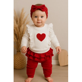 Kalp Baskılı Fırfır Detaylı 3 Parça Kız Bebek Takımı %100 Pamuk