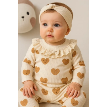 Kalp Baskılı Fisto Yaka 3 Parça Kız Bebek Takımı %100 Pamuk