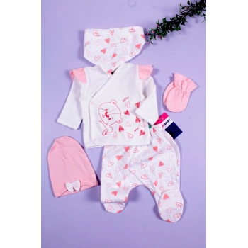 Kalp Desenli 5li Kız Bebek Hastane Çıkış Seti