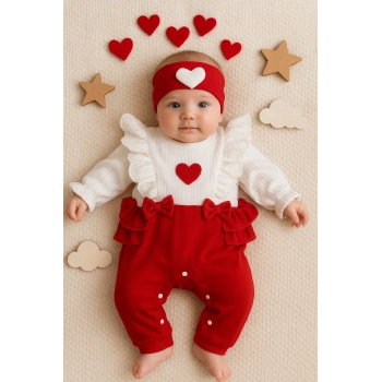 Kalp Desenli Fırfır Detaylı % 100 Pamuk Kız Bebek Tulumu