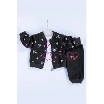 Kalp Desenli Hırkalı Pamuklu 3lü Kız Bebek Takımı