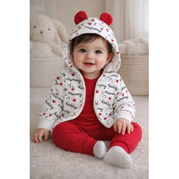 Kalp Desenli Kulaklı 3 Lü Kız Bebek Takımı