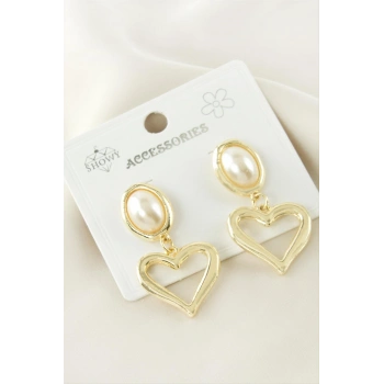 Kalp Metal İnci Küpe