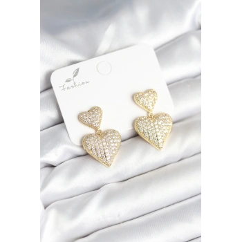 Kalp Model Zirkon Taşlı Gold Renk Pirinç Kadın Küpe - TJ-BKP11290