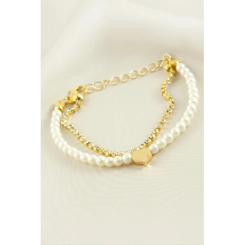 Kalp Şerit Taşlı İnci Bileklik