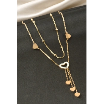 Kalp Taşlı Çelik İkili Kolye