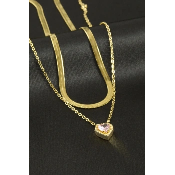 Kalp Zirkon Taşlı Çelik İkili Kolye