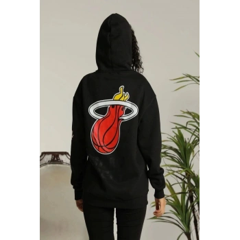 Kapşonlu Baskılı Sweetshirt - Siyah