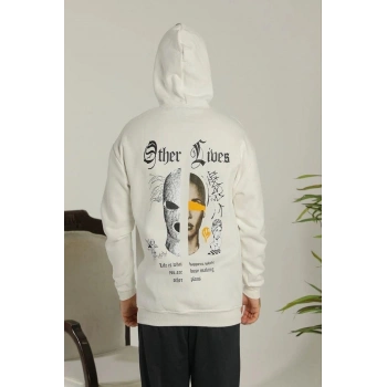 Kapşonlu Sweatshirt – Oversize “Other Lives” Ön  Arka Baskılı,- Beyaz -