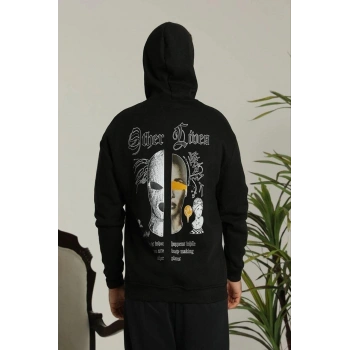 Kapşonlu Sweatshirt – Oversize “Other Lives” Ön  Arka Baskılı,-Siyah -