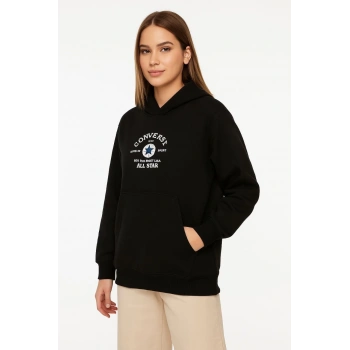 Kapşonlu SweatshirtOversize Fit, Ön  Arka Baskılı, Siyah -