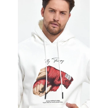 Kapüşonlu Üç İplik Oversize Baskılı Sweatshirt - Beyaz -
