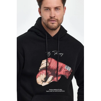 Kapüşonlu Üç İplik Oversize Baskılı Sweatshirt - Siyah -