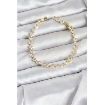 Kare Zirkon Taşlı Gold Renk Pirinç Su Yolu Kadın Bileklik - TJ-BB8326