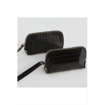 Karışık Desenli Siyah Dikdörtgen Deri Cüzdan
