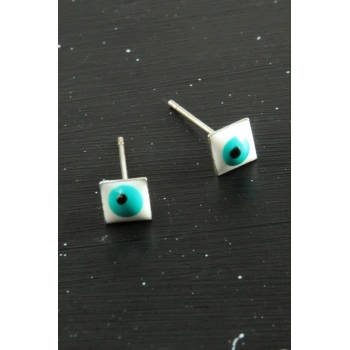 Karışık Kare Nazar Mineli Minik Küpe 1 Çift