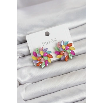 Karışık Renk Kristal Taşlı Çiçek Model Kadın Küpe TJ-BKP11920