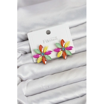 Karışık Renk Kristal Taşlı Lotus Çiçek Model Kadın Küpe TJ-BKP11924