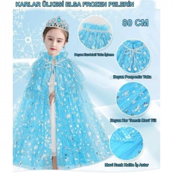 Karlar Ülkesi Elsa Frozen Mavi Pelerin – 80 cm Kar Desenli Çocuk Pelerini ( Taç Hariç )