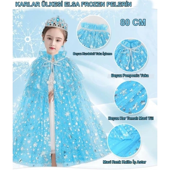 Karlar Ülkesi Elsa Frozen Mavi Pelerin – 80 cm Kar Desenli Çocuk Pelerini ( Taç Hariç ) (4887)