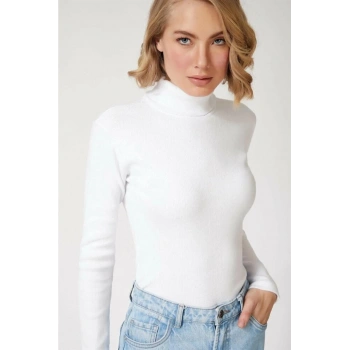 Kaşkorse Boğazlı Full Likralı Fitilli Body Kazak - Beyaz