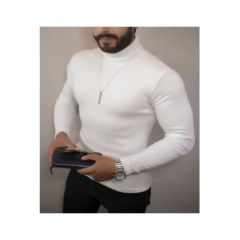 Kaşkorse Boğazlı Full Likralı Fitilli Body Kazak - Beyaz